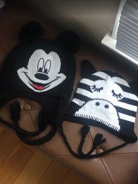 Black and White Disney Winter Hat Zebra Hat Mickey Mouse Pom Pom Hat Bundle
